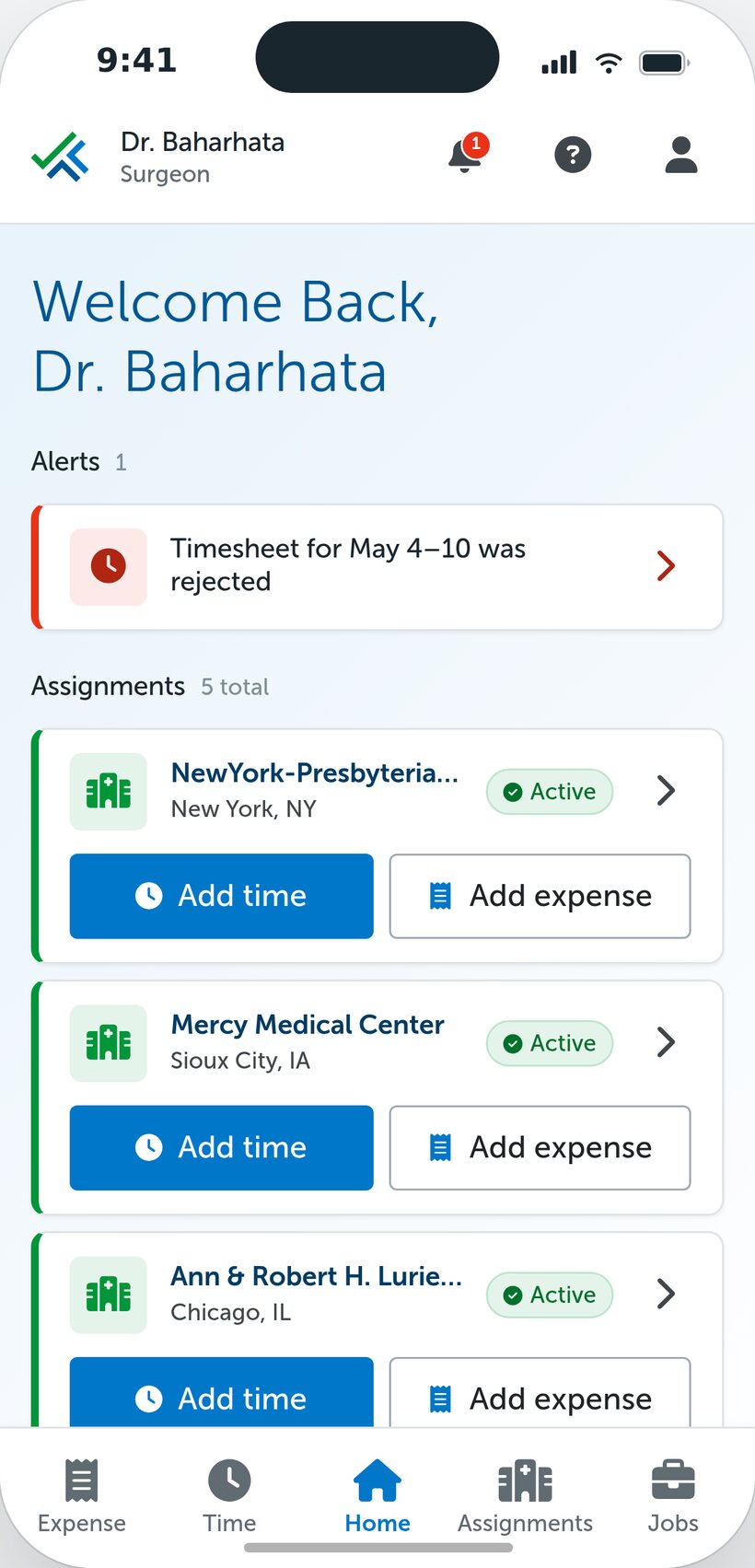 LocumTenens.com — the clinician app home screen