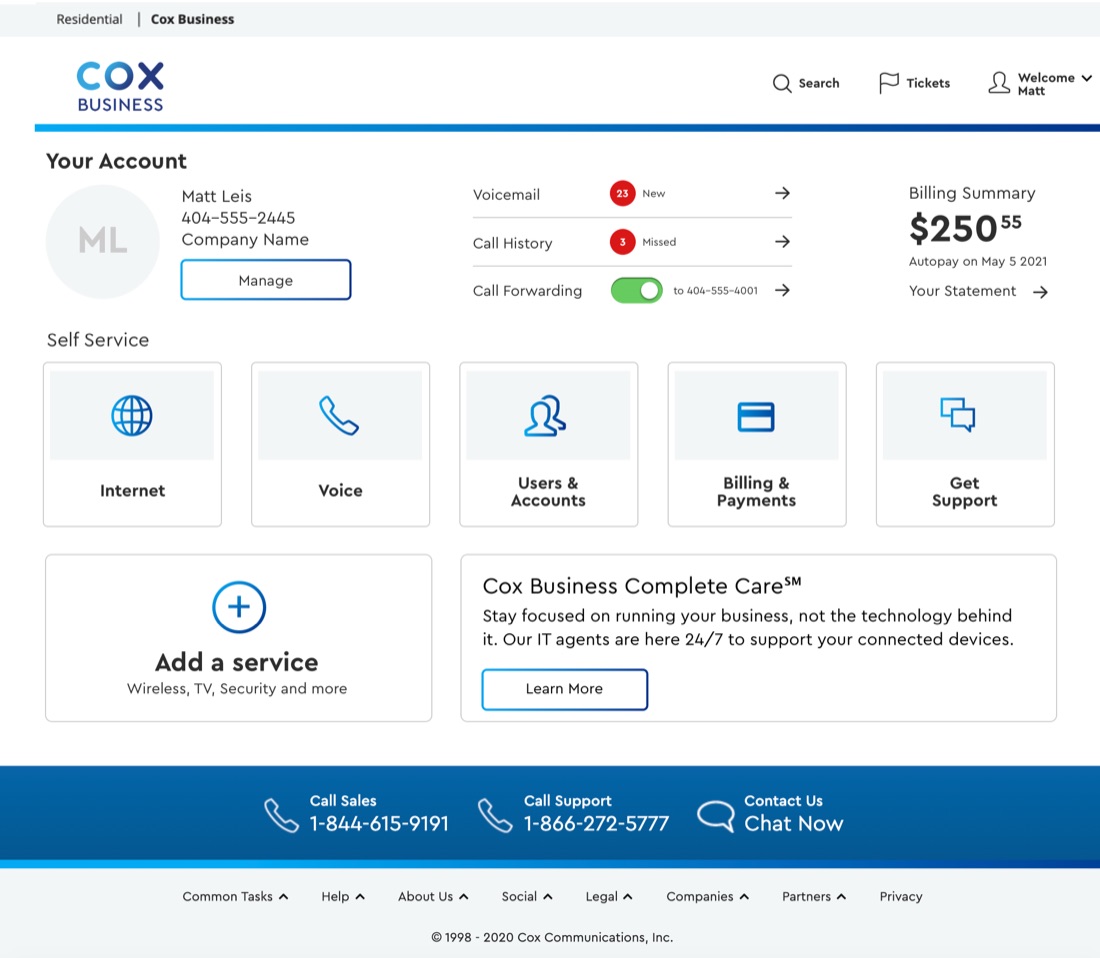 Cox Business account dashboard