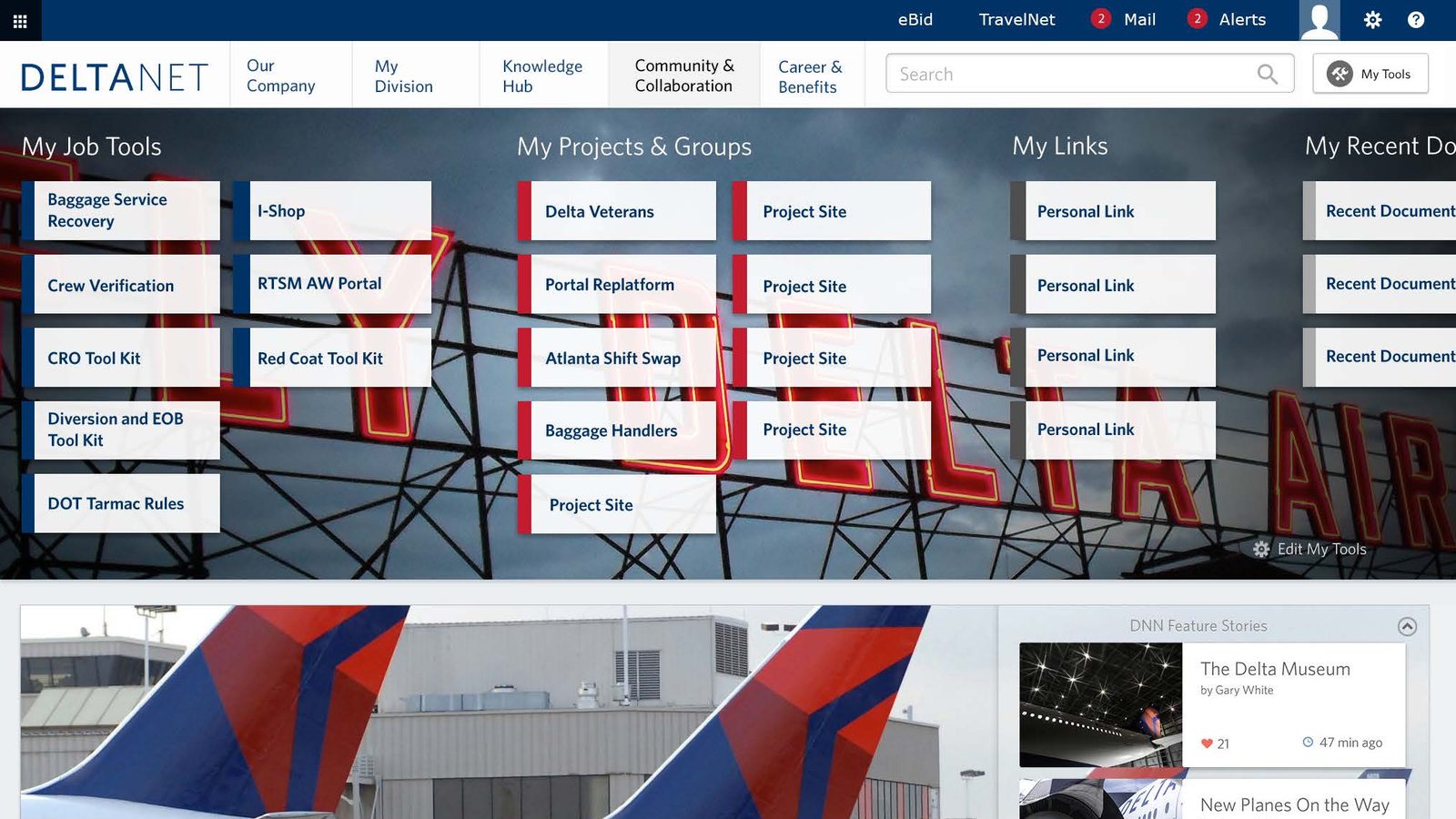 DeltaNet intranet home screen
