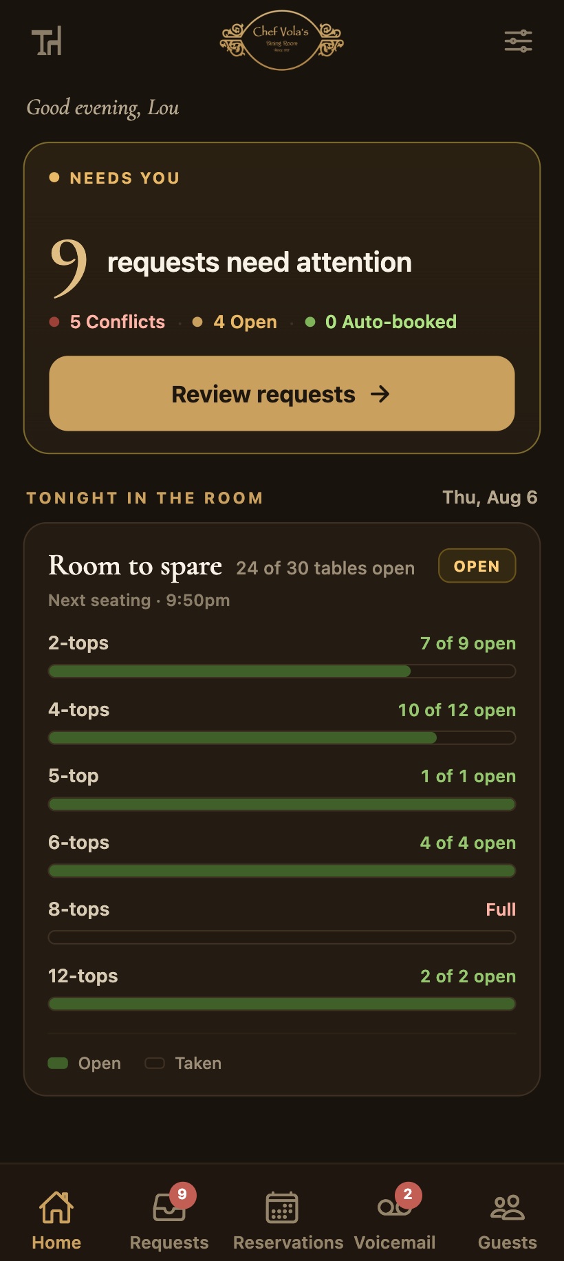 Chef Vola's — the owner's reservation app