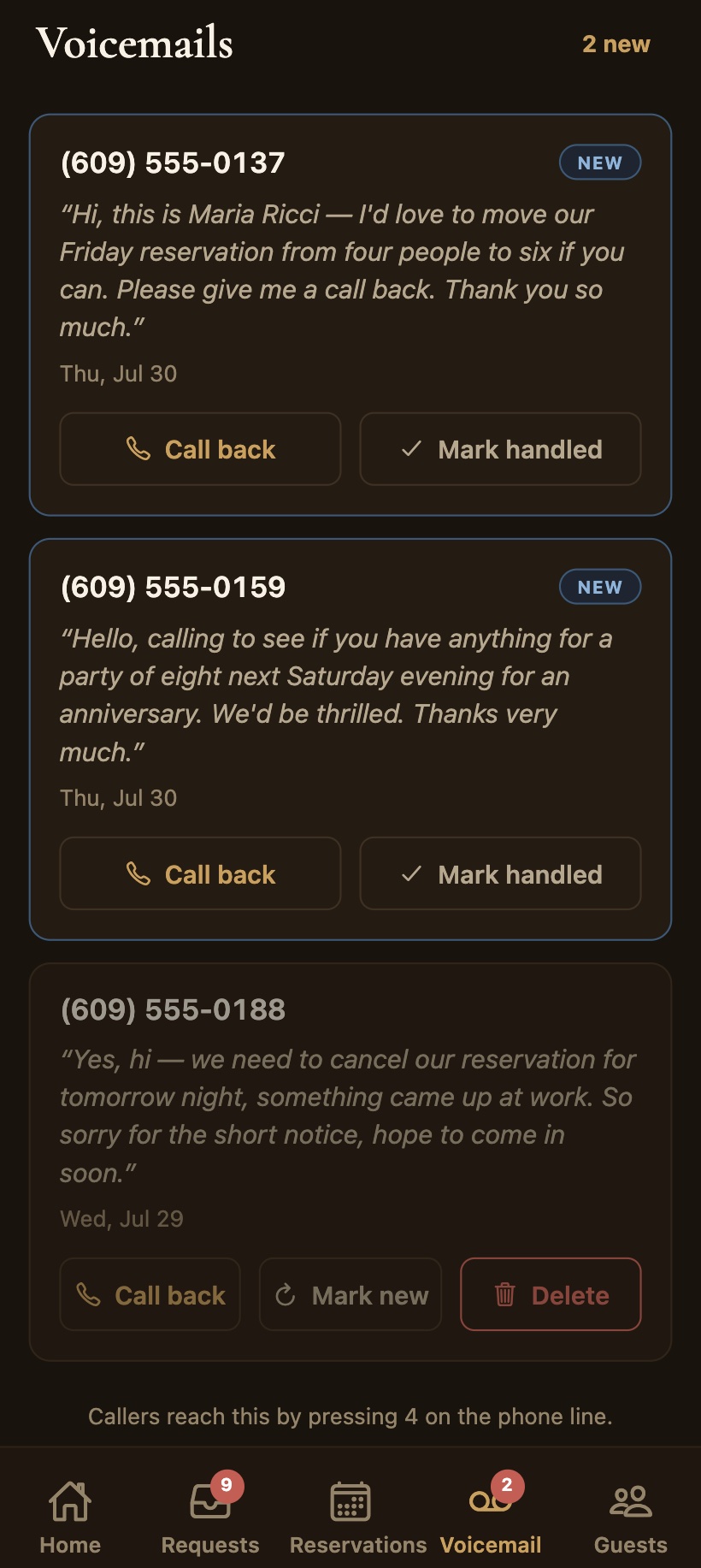 Voicemail · transcribed, one tap back