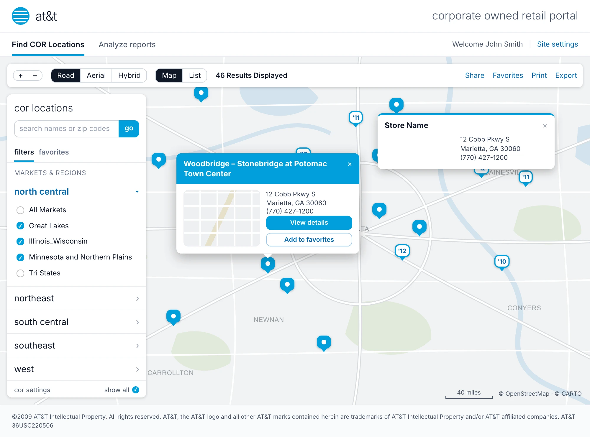 The same results with location cards open on the map.