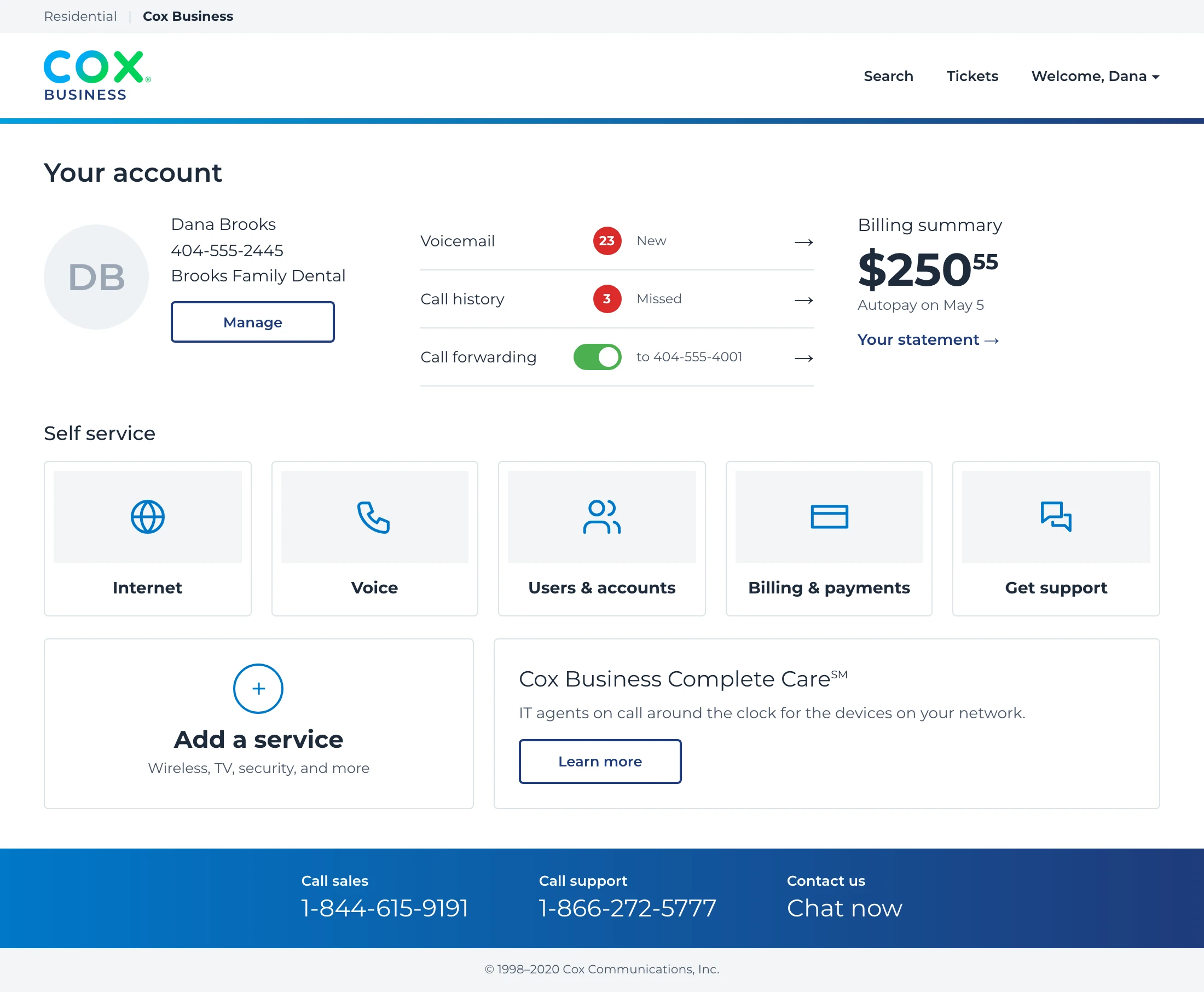 Account, what needs attention, and billing, then five self-service tiles.