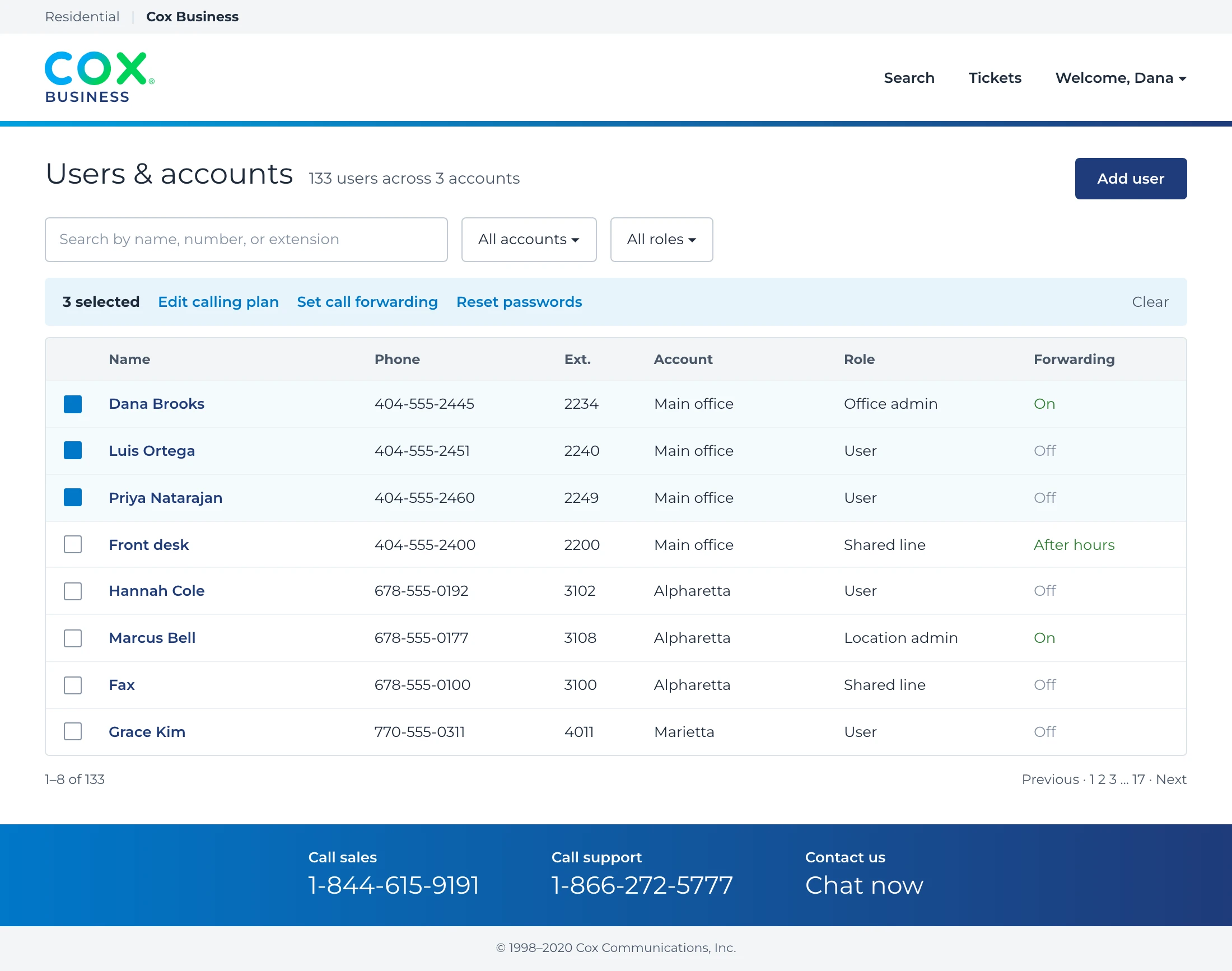 133 users across three locations, with bulk edit.