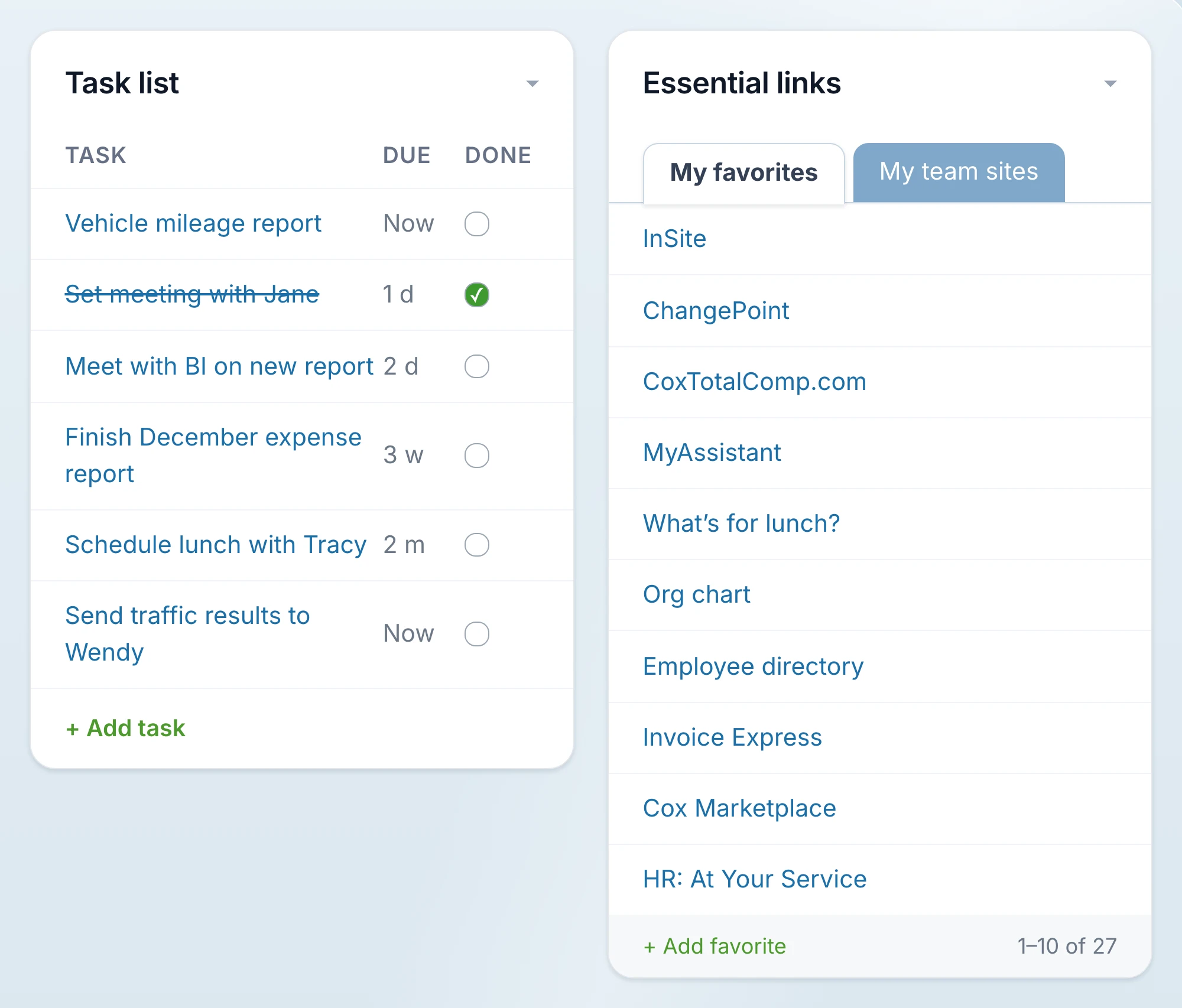 Tasks pulled from SharePoint, and links on two tabs.