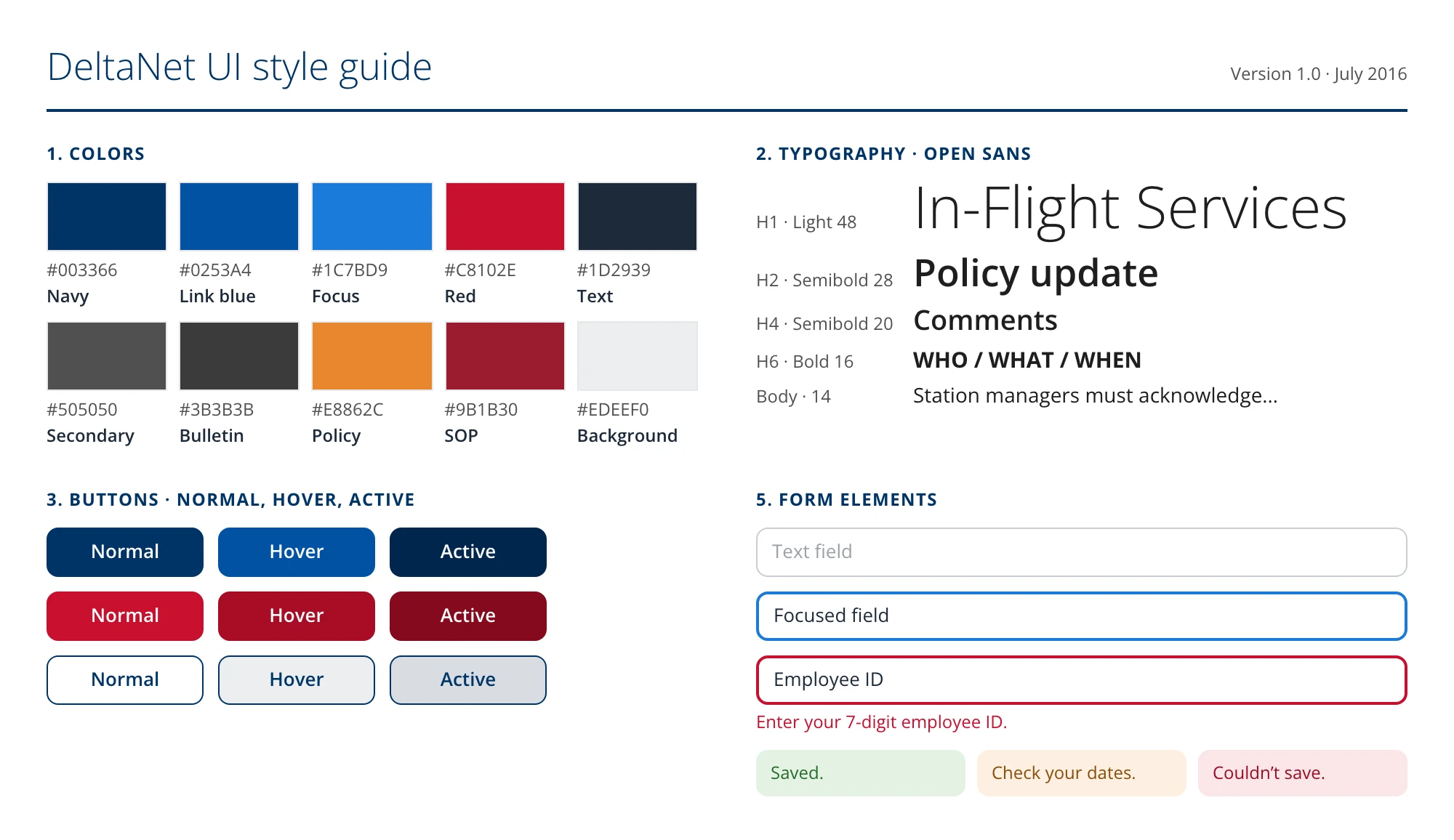 Colors, type, buttons, and form states from the UI style guide.