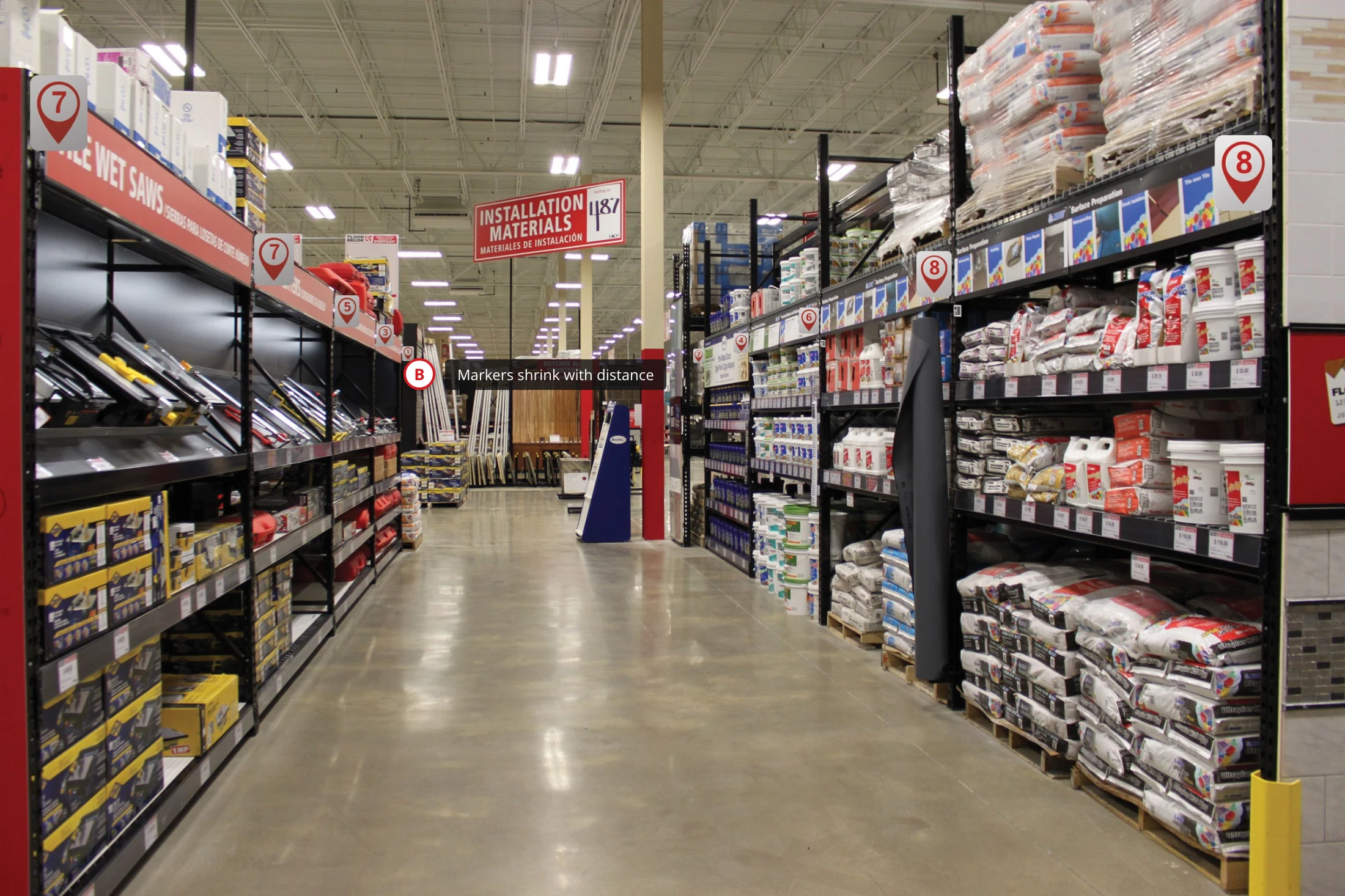 Aisle markers running down both sides of an aisle.