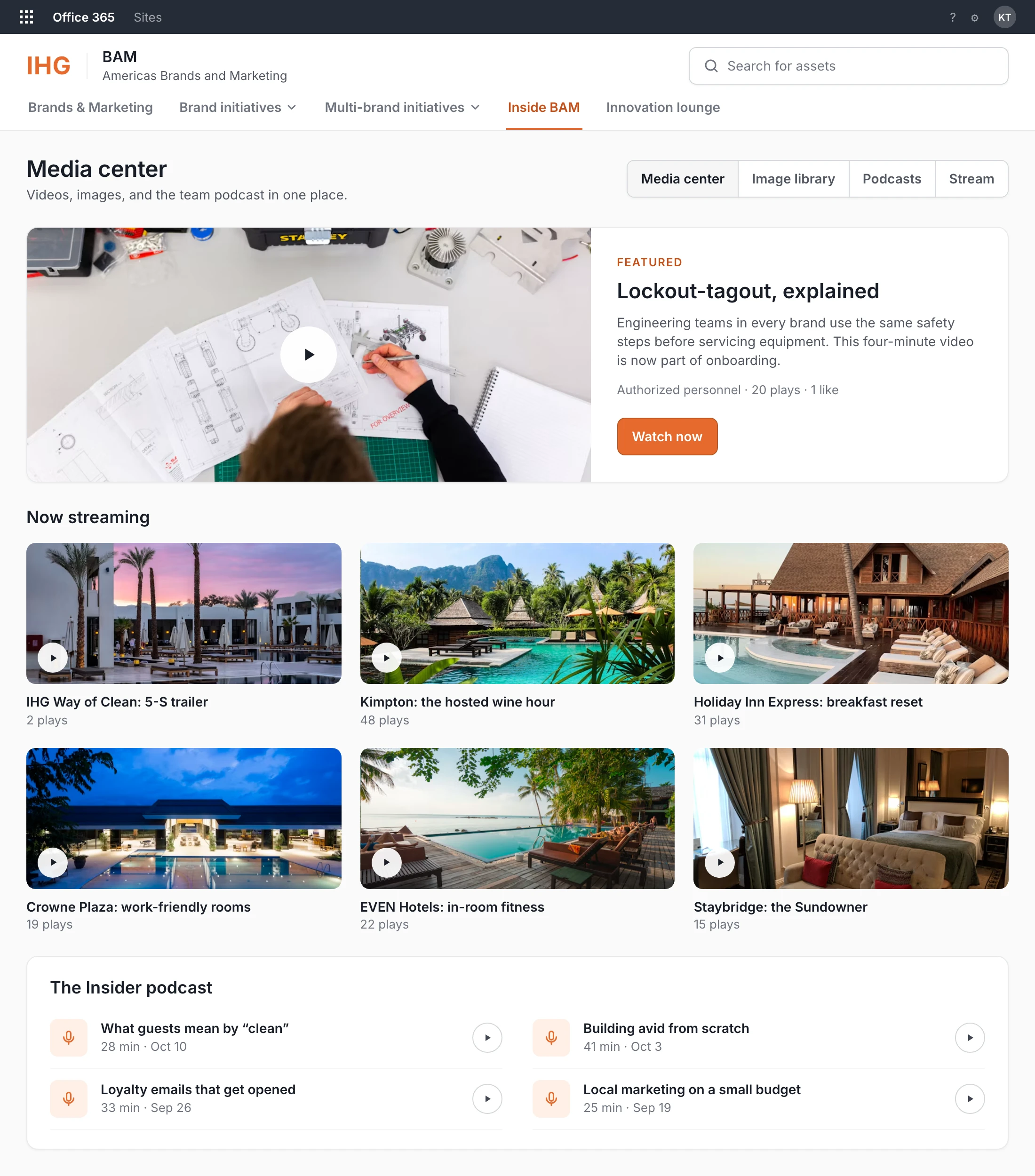 Featured video, streaming grid, and podcast list.