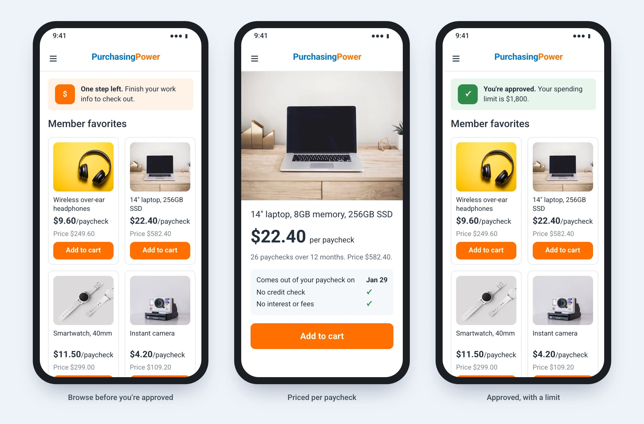 Browsing before approval, a product page, and the approved state.