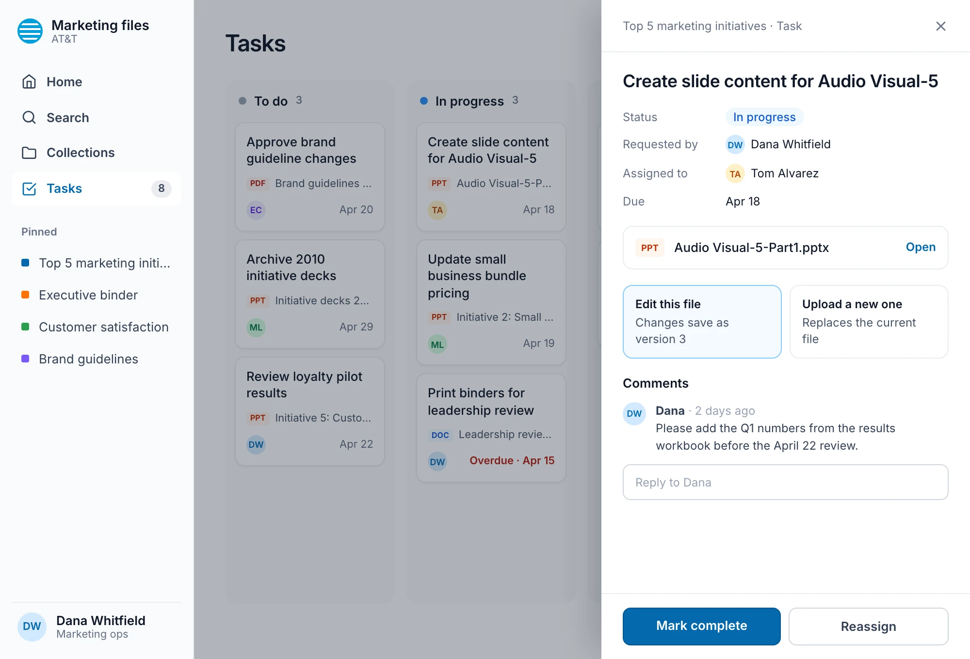 Task board with one task open.