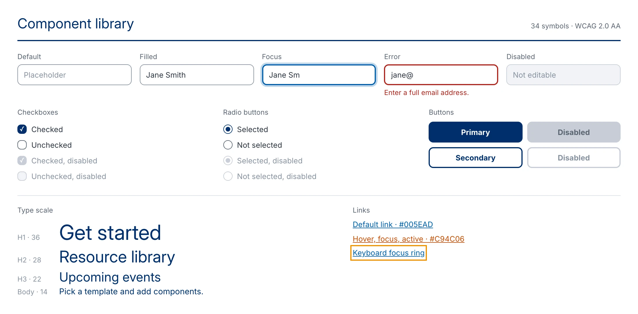 Inputs, checkboxes, radios, buttons, type, and links, with their states.